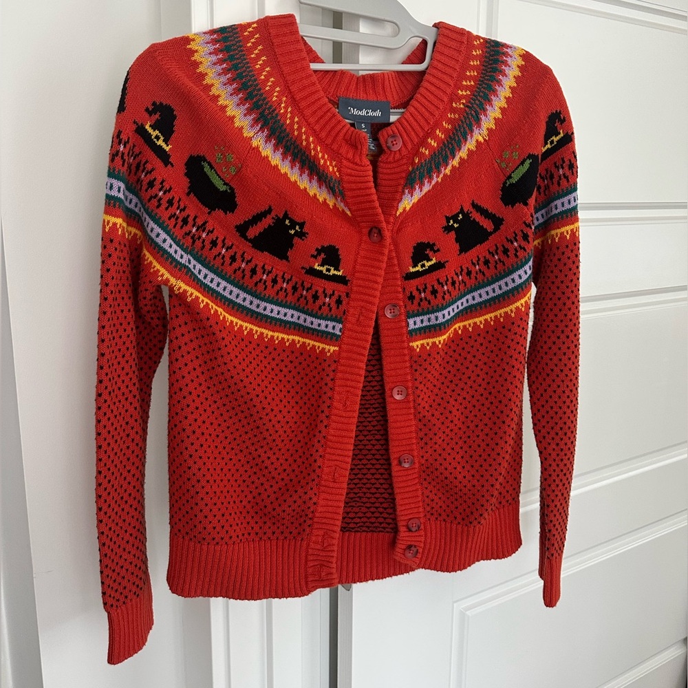 Modcloth Halloween Cardigan Small Orange Spooky